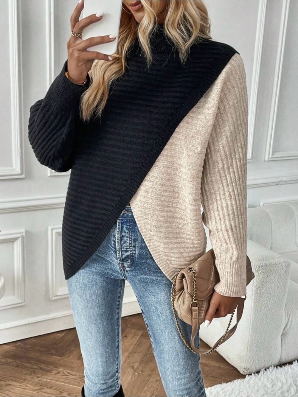 Asymmetrical Two-Tone Ribbed Turtleneck Sweater - Black & Cream